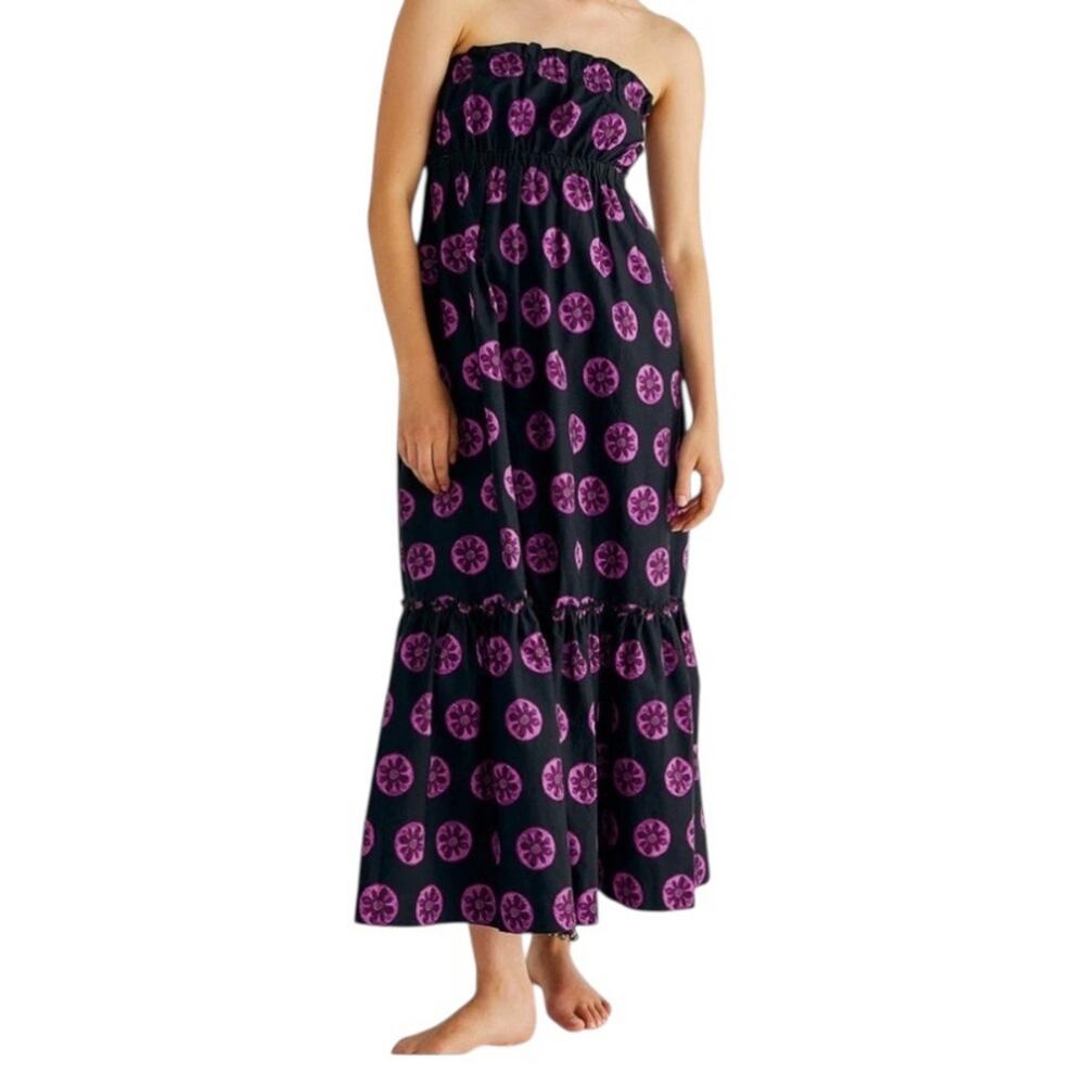 Free People Leanna Midi Dress S Black Purple Smocked Strapless Tube Pockets Boho